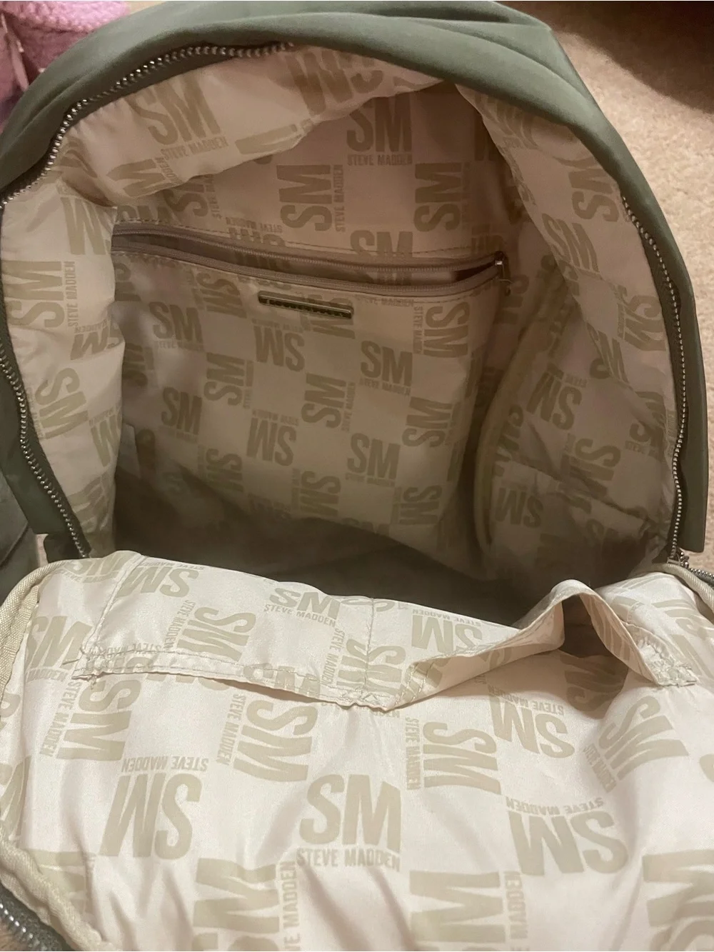 Steve Madden Olive Nylon Men's Backpack with Front Logo Pocket